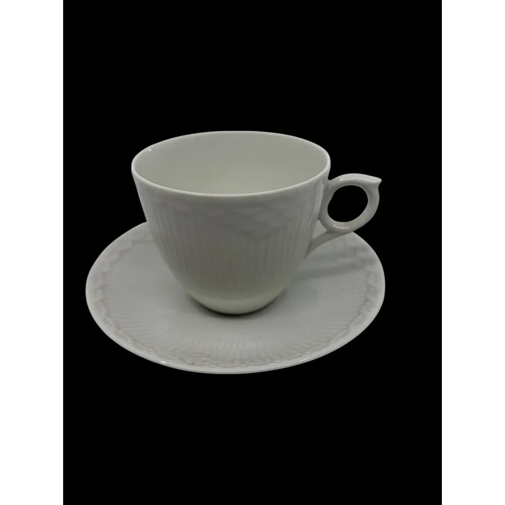 Royal Copenhagen White Half Lace Tea Cup and Saucer Set Fluted Porcelain Denmark
